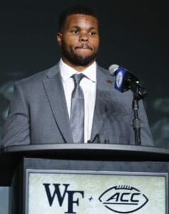 Wake Forest linebacker Chase Jones talks to the media at the 2023 ACC Kickoff in Charlotte, N.C., Thursday, July 27, 2023. (Photo by Nell Redmond/ACC)