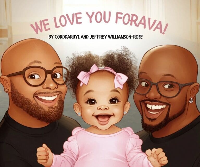 The cover of the children's book We Love You ForAva. It is an graphic cover of two Black men with a little Black girl in between them.