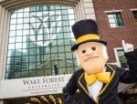Wake Forest's Demon Deacon mascot in front of the Charlotte campus